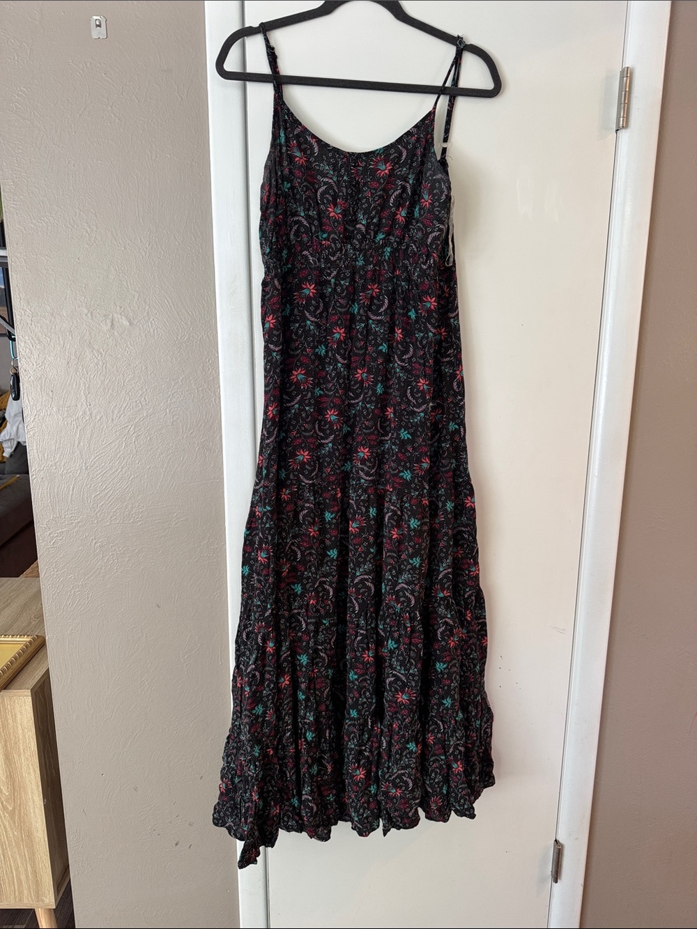 Black Floral Maxi Dress with Red and Teal Accents